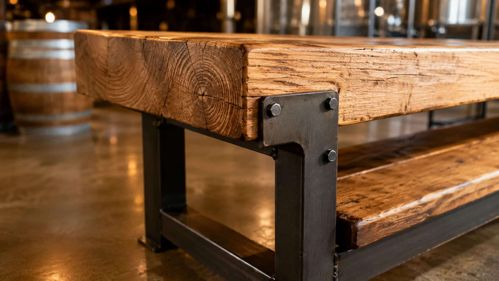 Reclaimed timber table texture detail showing brewery aesthetic furniture surface
