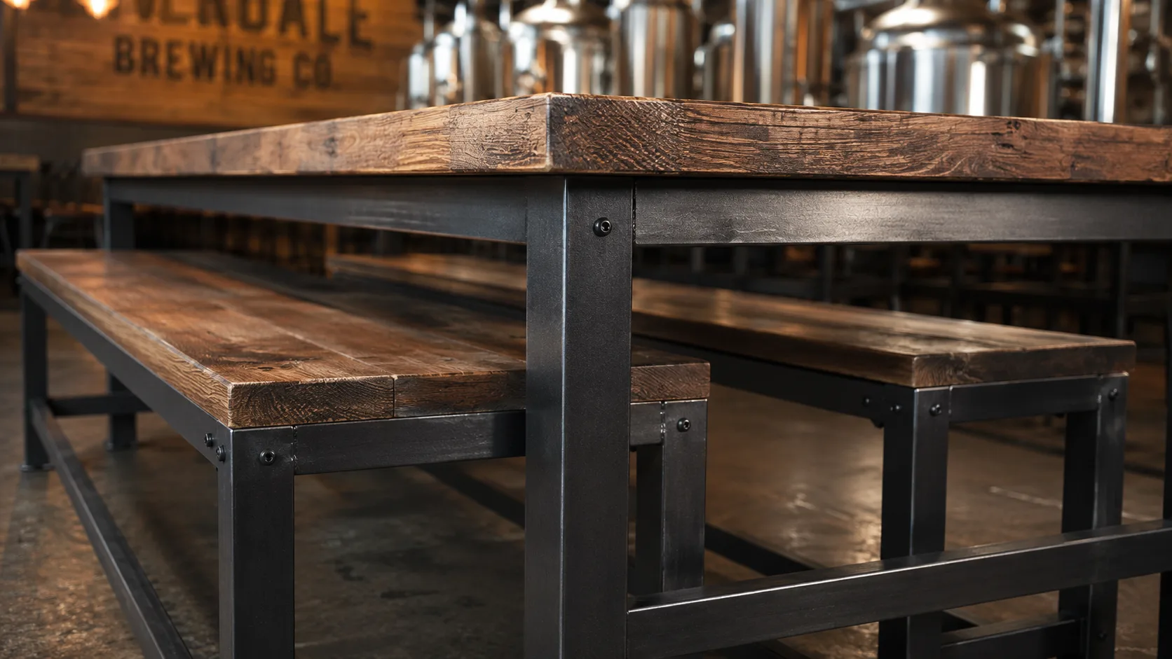 Reclaimed wood table with steel bracket in brewery showing material detail