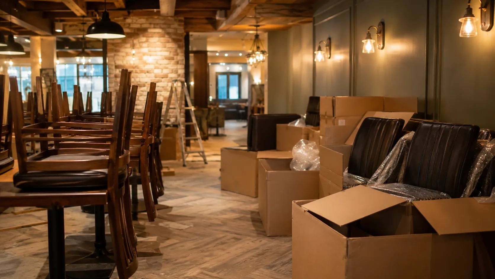 Restaurant furniture renovation with new delivery showing fresh commercial chairs arriving