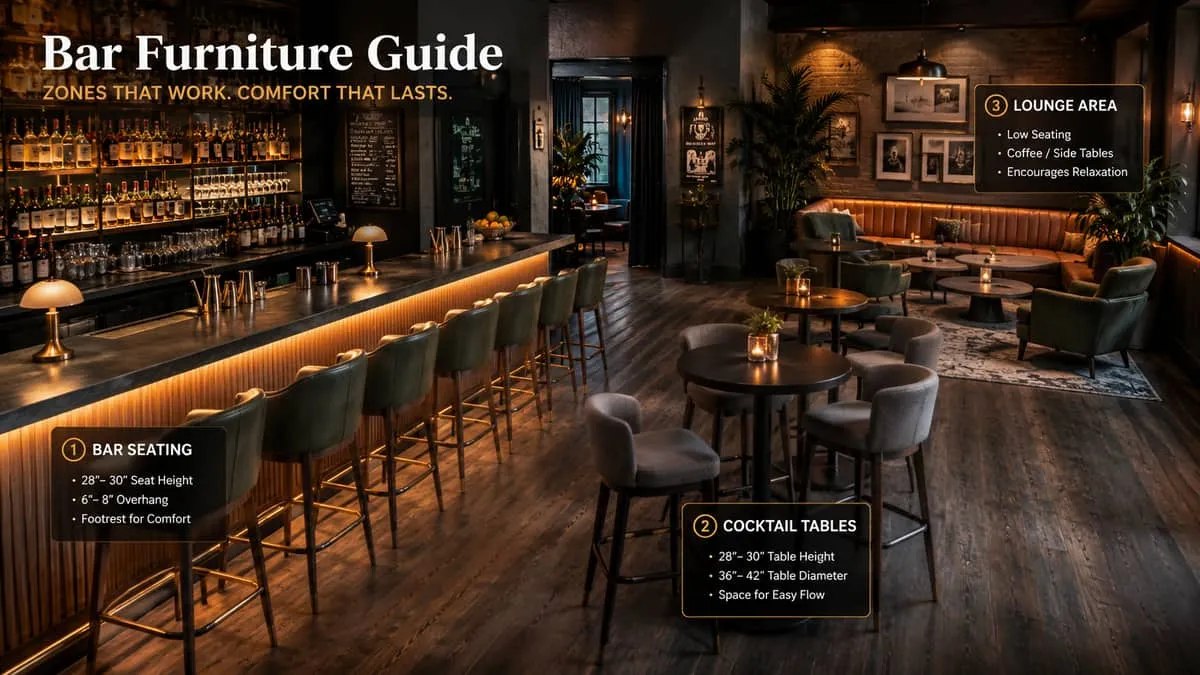 Bar furniture seating zones diagram showing bar area versus lounge configuration