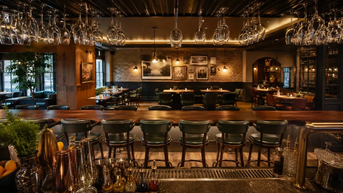 Bar seating dark green stools behind the bar showing commercial barstools in use