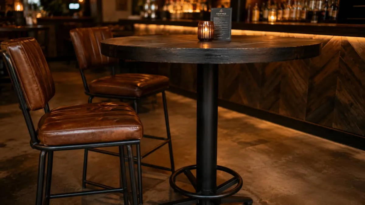 Bar table chair in dark wood and leather showing material detail