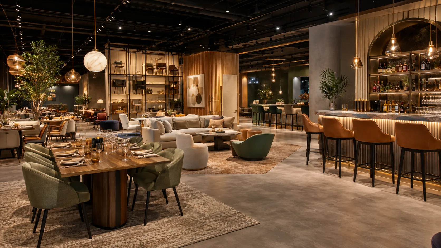 Commercial seating restaurant multiple zones showing dining and lounge areas