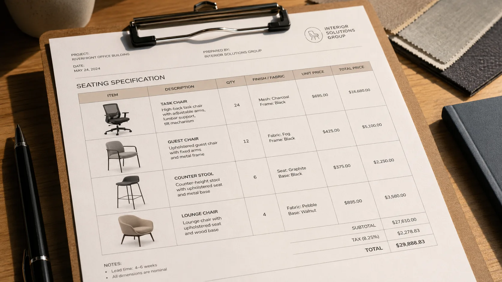 Commercial seating specification document showing ordering requirements and spec sheet