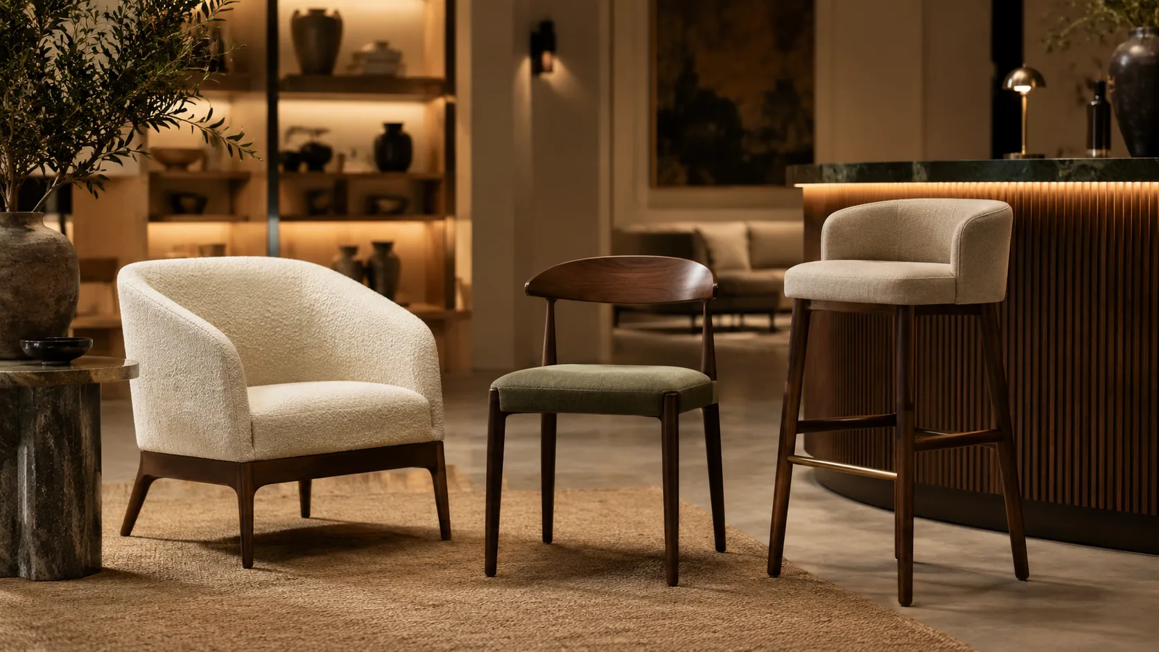 Commercial seating types showing lounge dining and barstool categories side by side