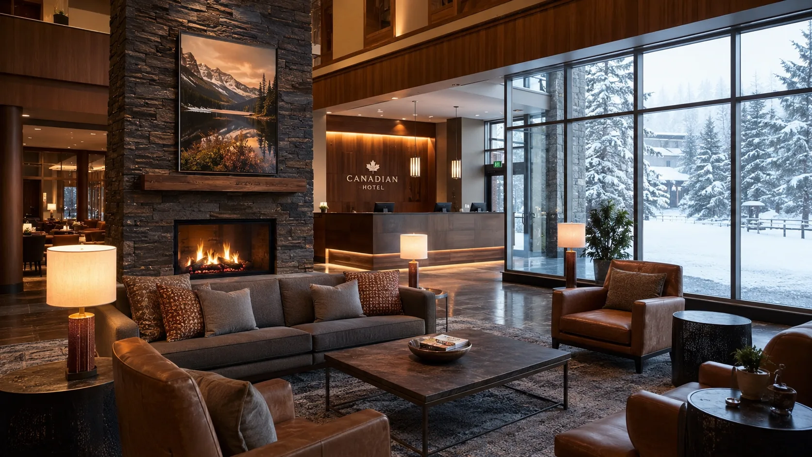 Commercial furniture Canada mountain hotel lodge showing custom hospitality furniture in alpine setting