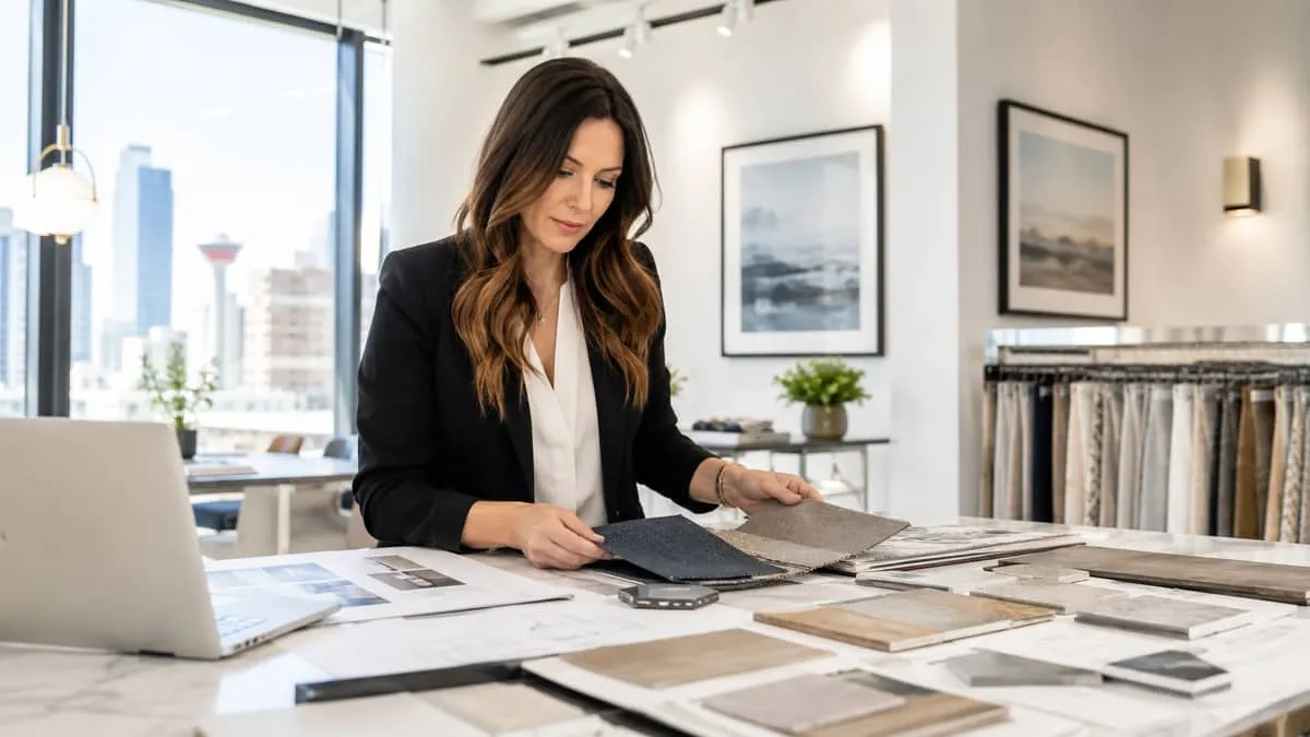 a procurement coordinator or designer reviewing furniture samples and fabric swatches at a large worktable, with specifi