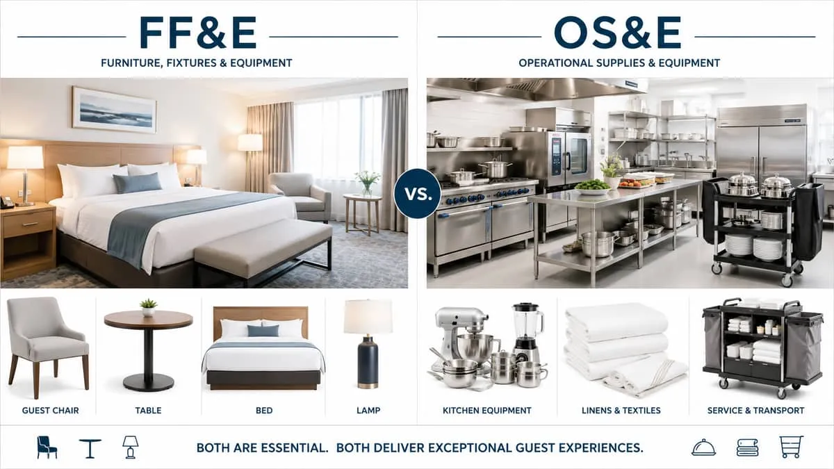 a split-view comparison showing FF&E items on one side (chairs, beds, tables, lamps) and OS&E items on the other side (k