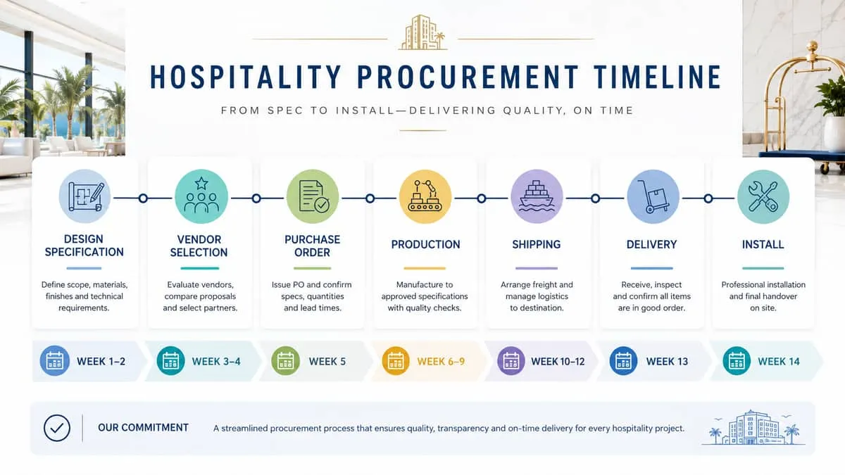 a procurement timeline graphic showing key milestones: design specification, vendor selection, purchase order, productio