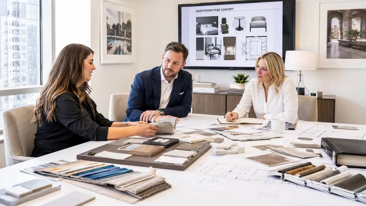 a photo showing a design review meeting with furniture samples, fabric swatches, and floor plans spread on a table, repr