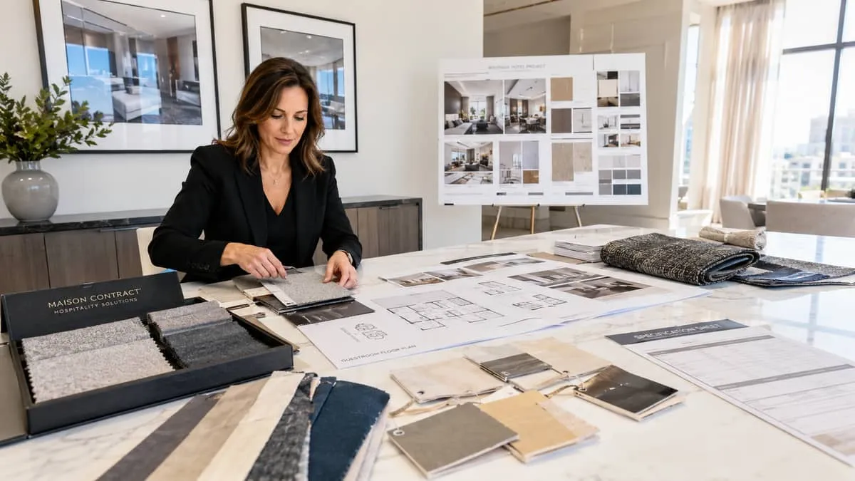 a procurement manager reviewing furniture samples and fabric swatches at a large table, with floor plans spread out besi