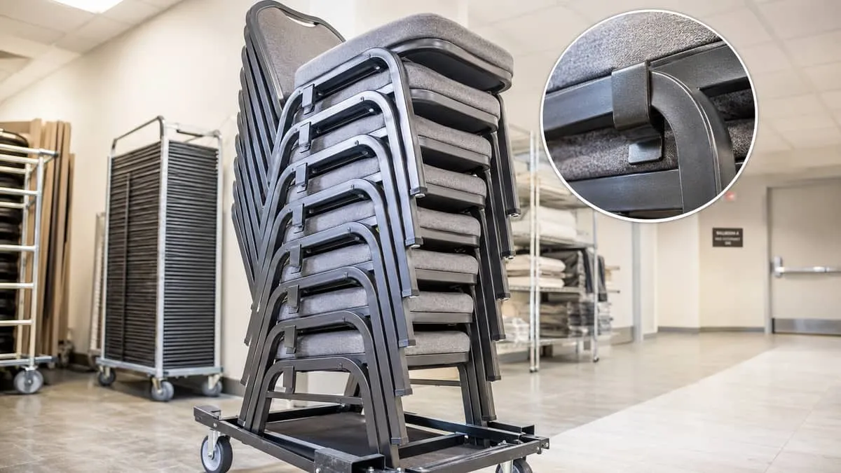 a close-up of stackable banquet chairs stacked 10 high on a dolly in a hotel storage room, showing the stacking bracket 