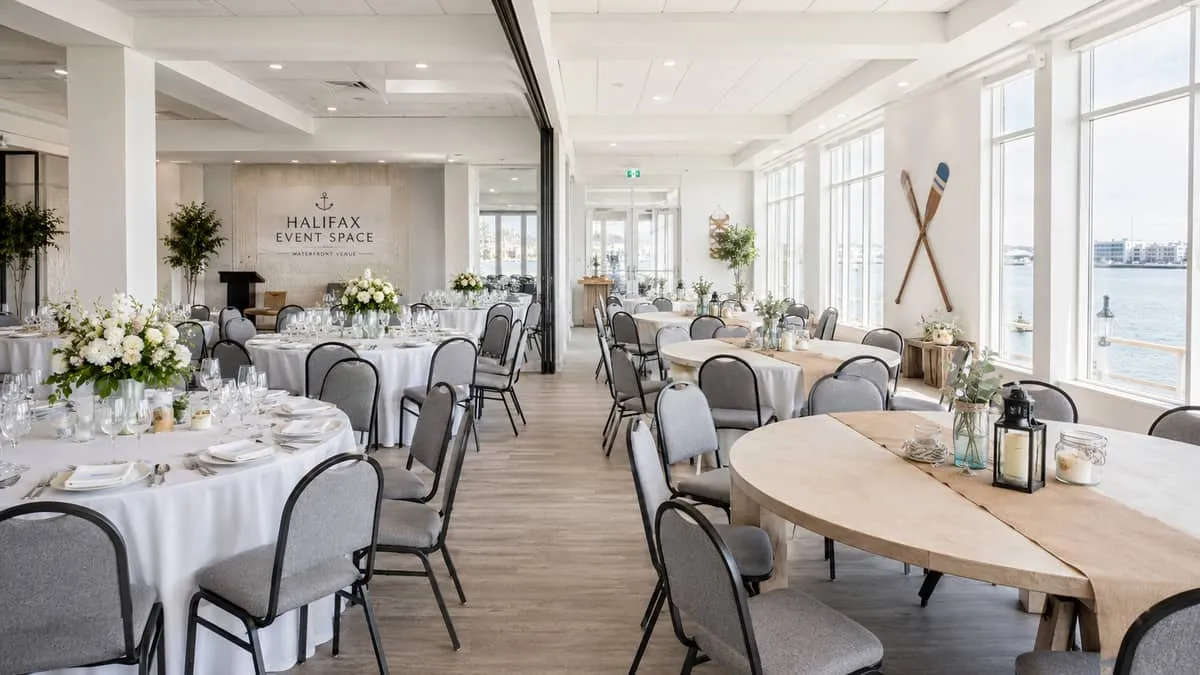 a mixed-use Halifax event space showing the same banquet chairs styled two ways side by side: formal with white linens a