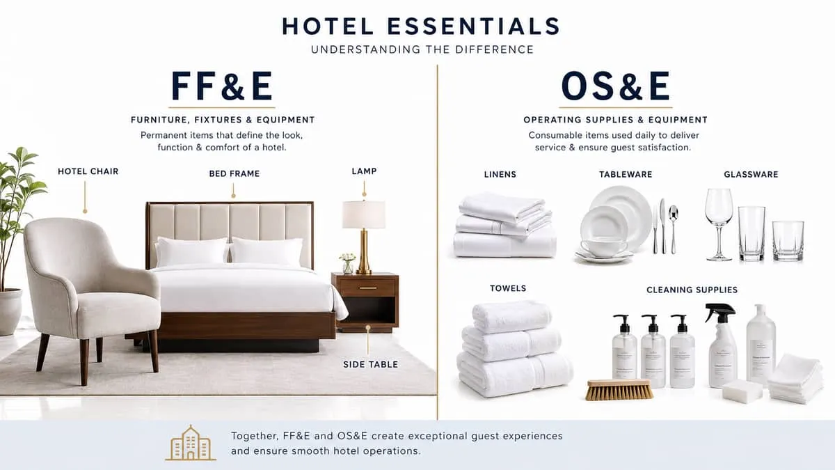 split diagram or flatlay showing FF&E items on one side (chairs, lamps, bed frame) and OS&E items on the other (linens, 