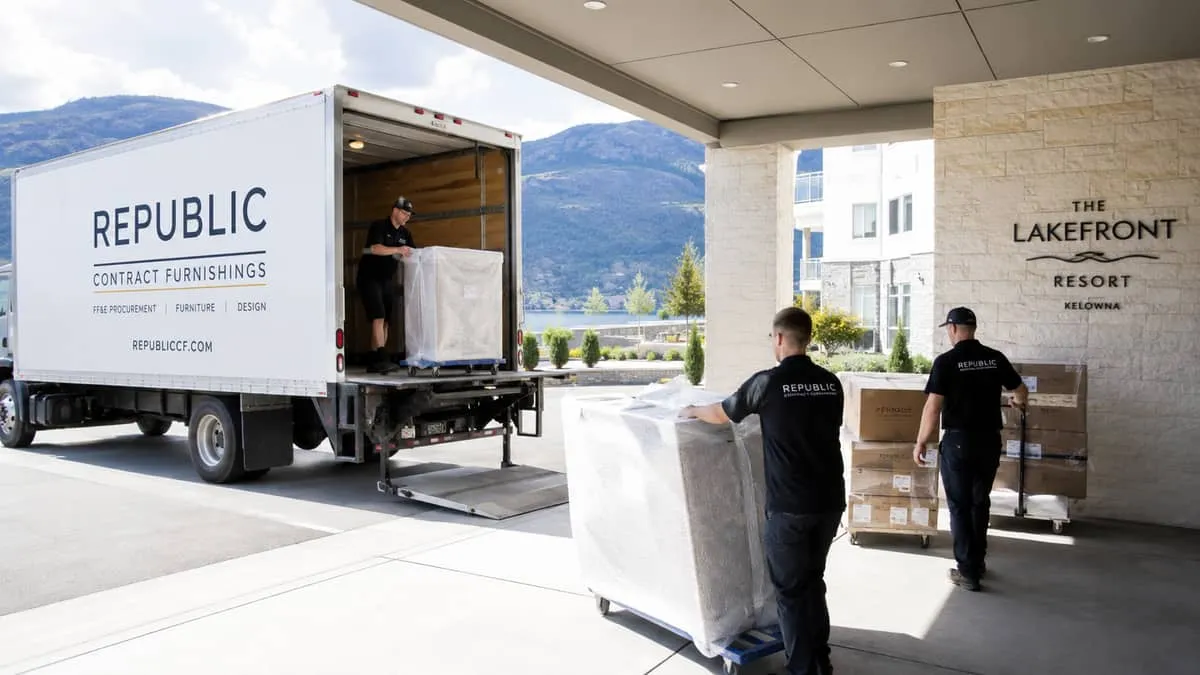 a delivery truck unloading contract furniture at a Kelowna hotel or resort property, team moving wrapped chairs or a sof