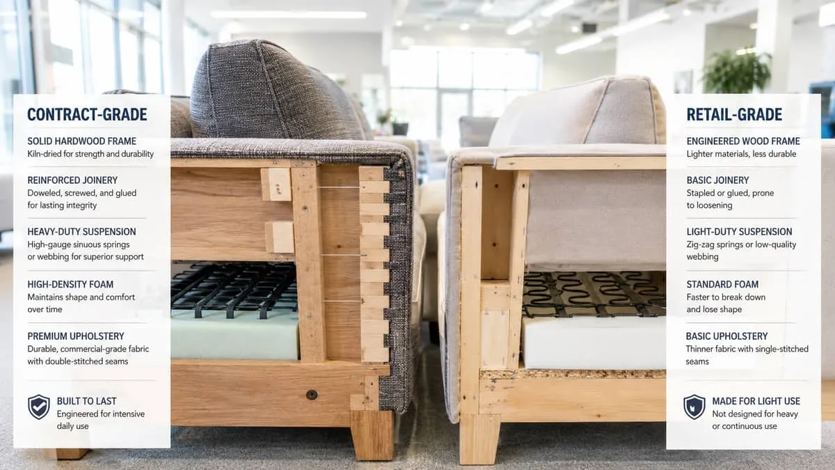close-up comparison of contract-grade furniture joinery and upholstery detail versus standard retail furniture construct