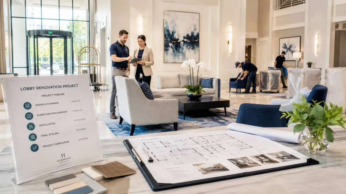 a hotel lobby or common area renovation in progress, showing furniture being installed or arranged, with a project timel