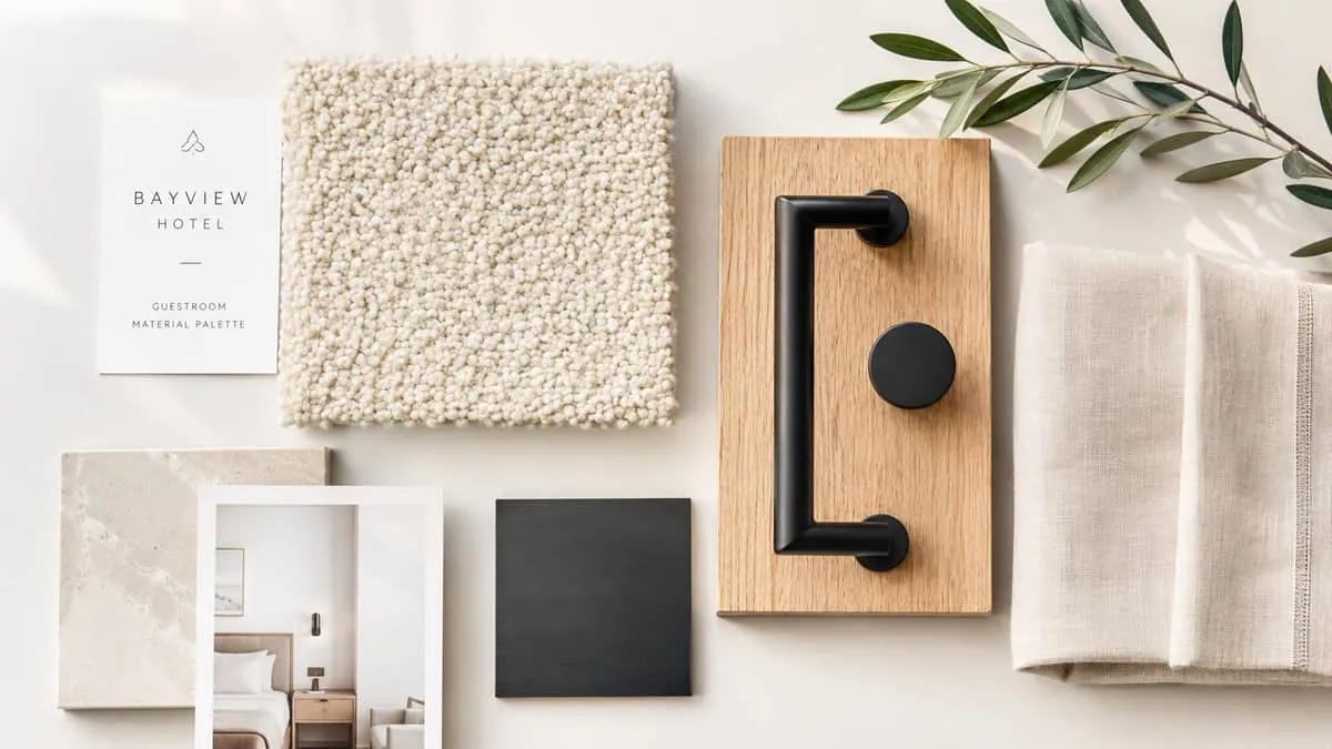 a flat lay or mood board showing a coordinated material palette for boutique hotel furniture: boucle fabric swatch, natu