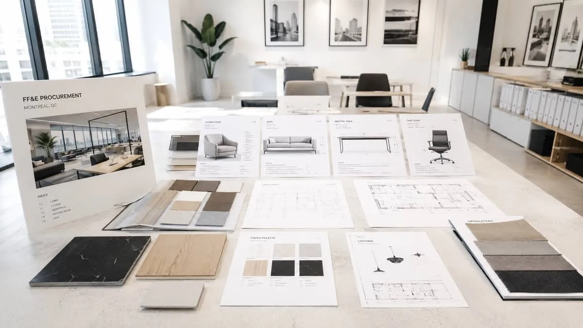 flat lay or mood board showing FF&E specification sheets, fabric swatches, finish samples, and furniture drawings on a d