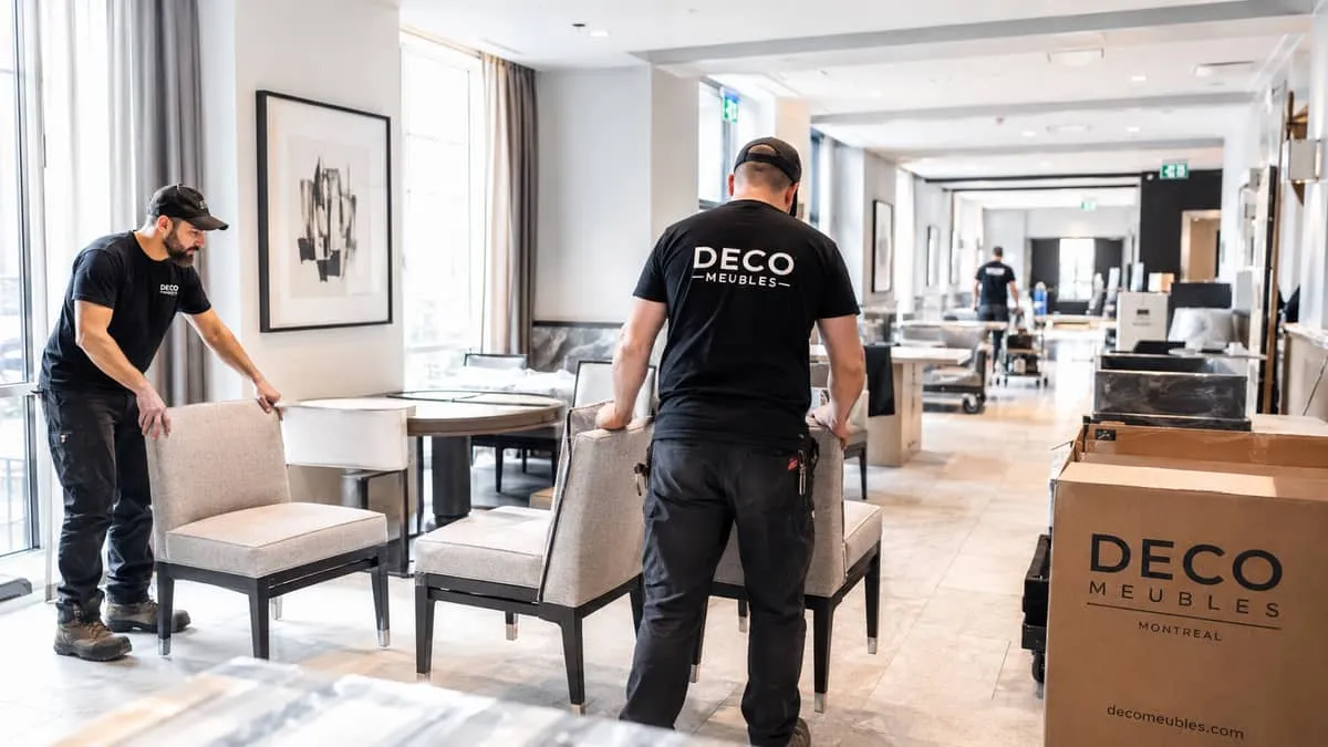 commercial furniture delivery and installation scene inside a Montreal hotel corridor or restaurant space, workers posit