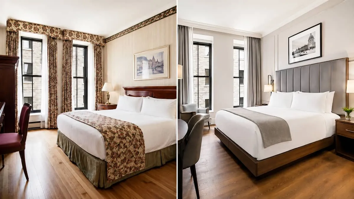 split image showing a dated hotel guestroom interior on the left and a renovated version with contemporary contract furn