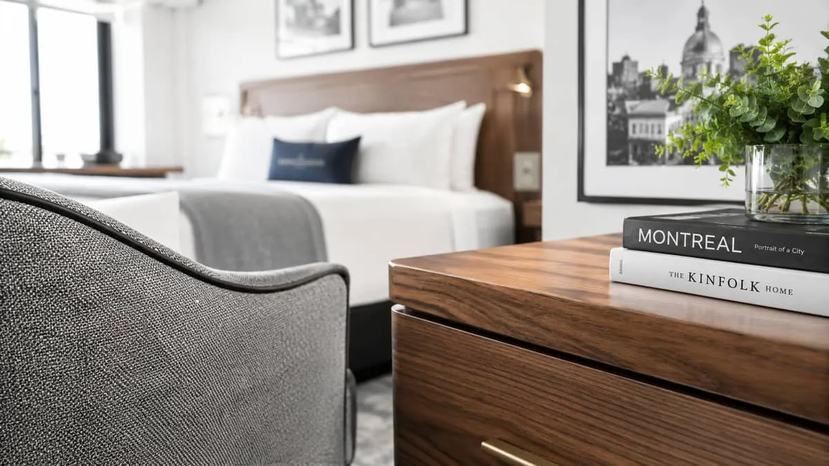 close-up of contract furniture details suited to Montreal boutique hospitality, showing warm wood grain on a bedside tab