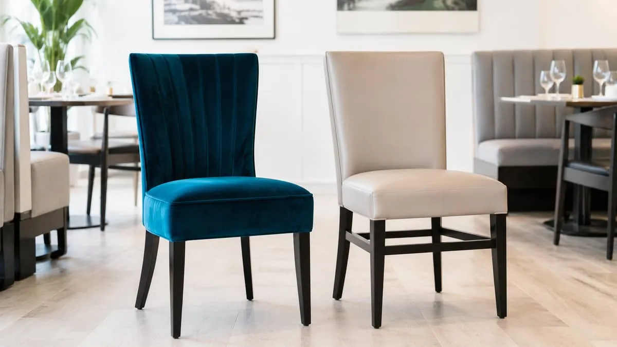 restaurant dining chairs with commercial-grade upholstery in two styles side by side: one in a rich jewel-toned velvet s
