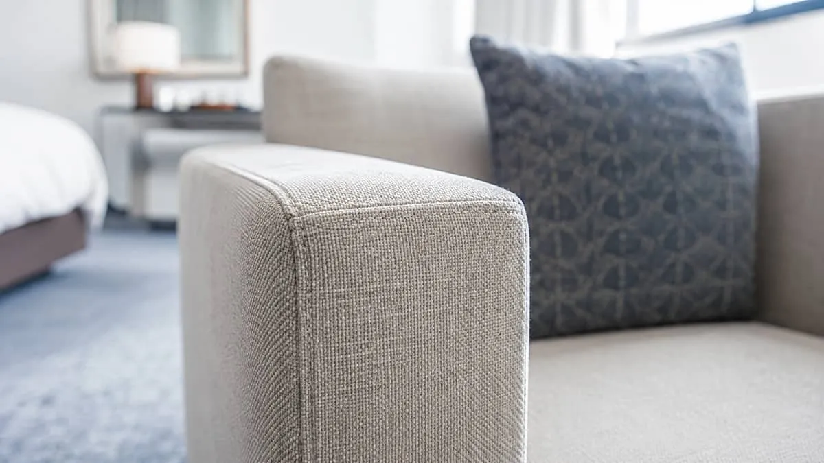 close-up of contract-grade upholstery fabric on a hotel chair arm, showing tight weave and clean stitching that communic
