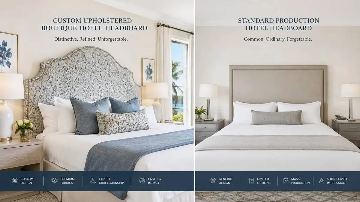 side-by-side comparison of a custom upholstered boutique hotel headboard with distinctive fabric detail next to a standa