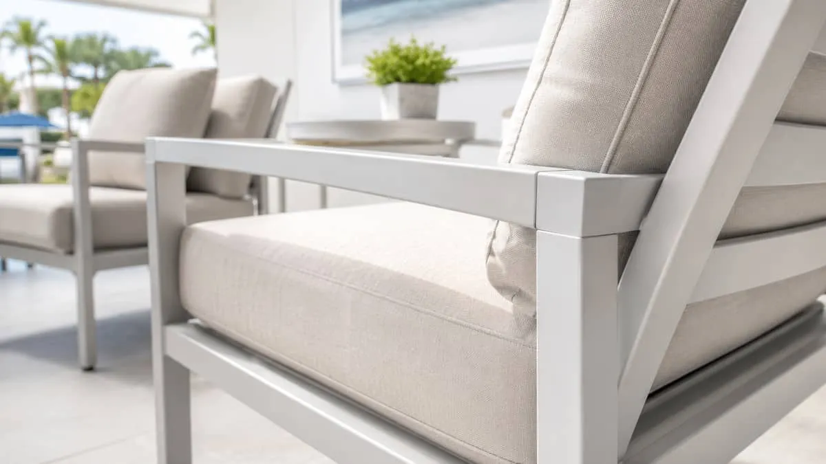 close-up of powder-coated aluminum commercial patio chairs with Sunbrella cushions in a neutral tone, showing frame join