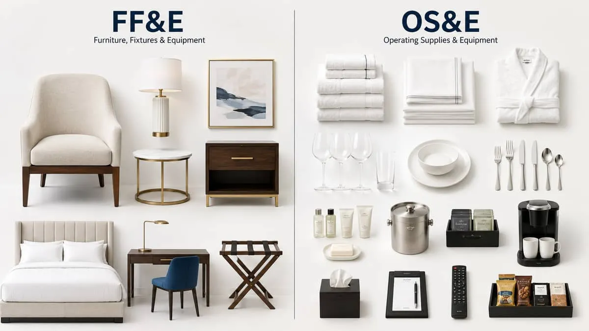 a flat lay or organized grid showing the difference between FF&E items like a chair and table lamp versus OS&E items lik