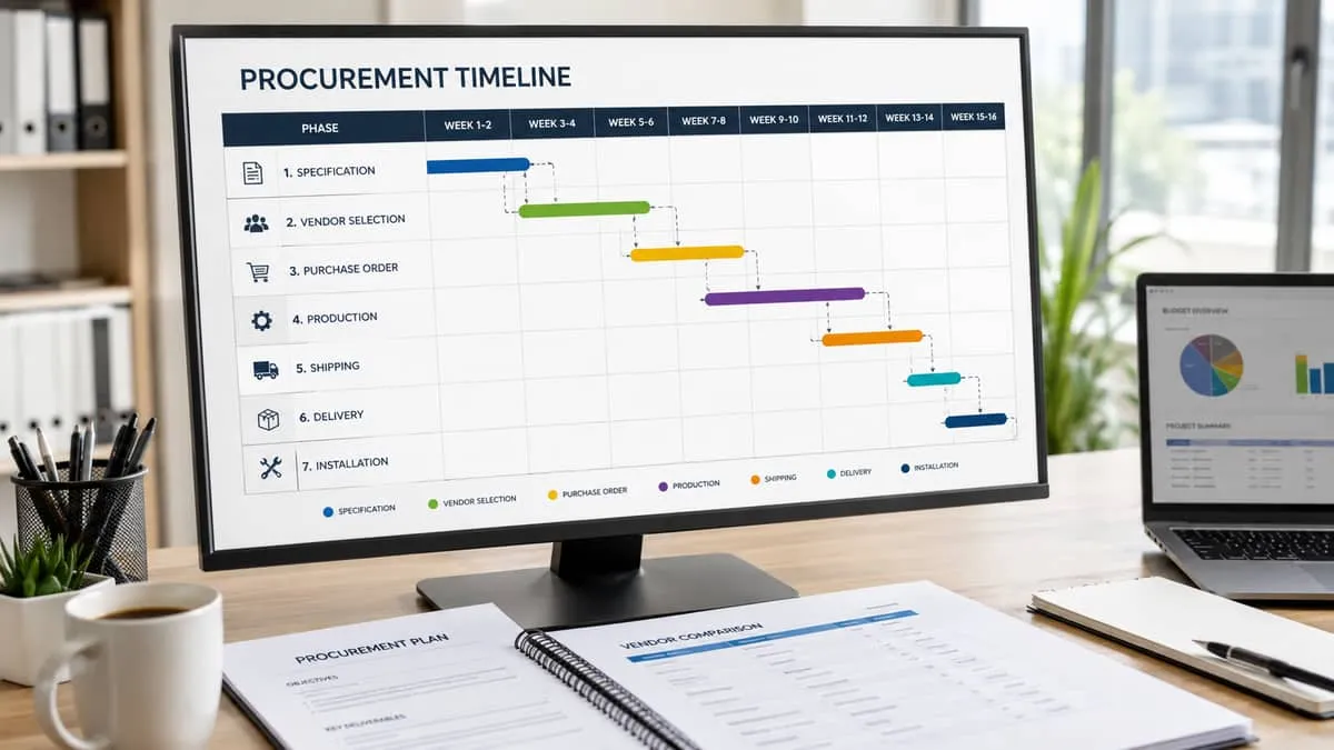 a procurement timeline chart or project schedule on a desk or screen, showing phases from specification through delivery
