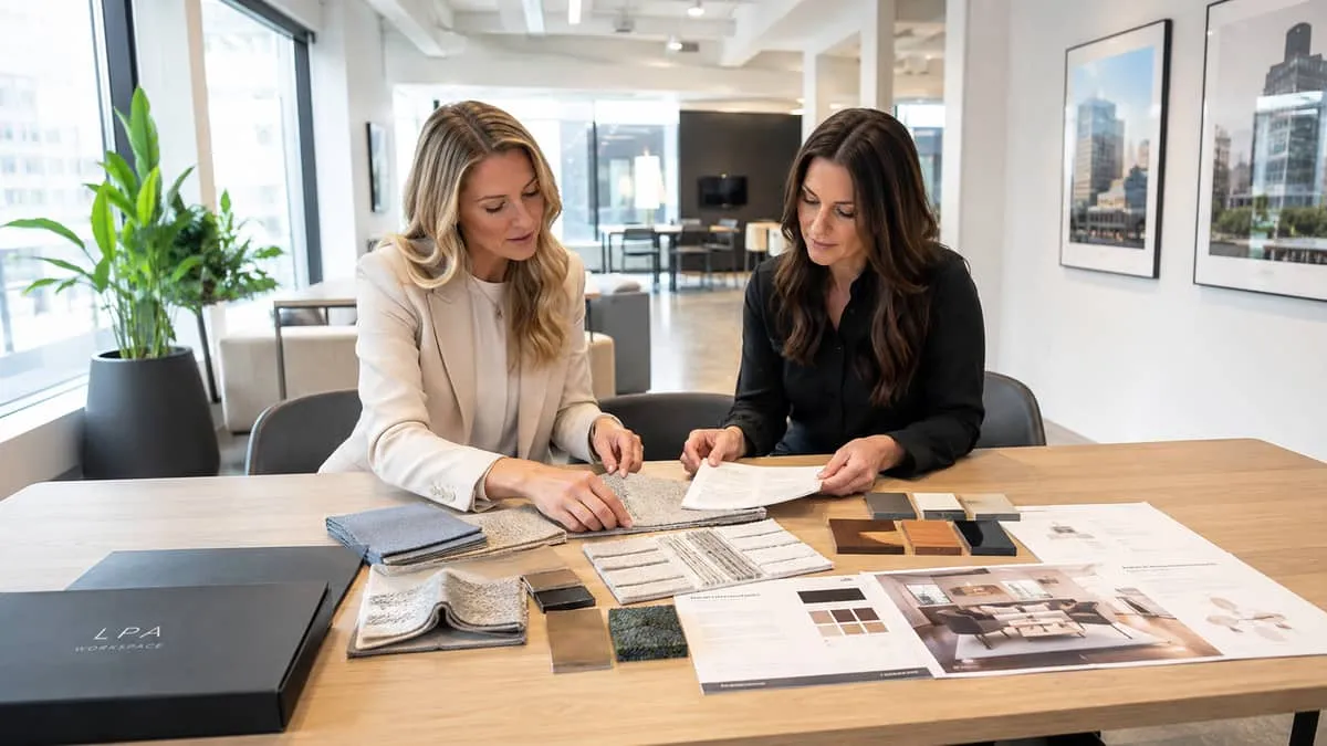 a designer and client reviewing furniture samples and fabric swatches at a table, professional planning meeting environm