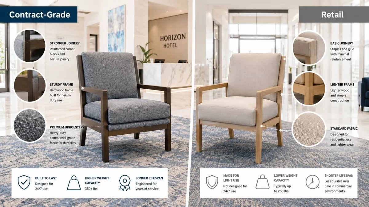 side-by-side comparison of a contract-grade hotel chair versus a retail furniture store chair, showing construction diff