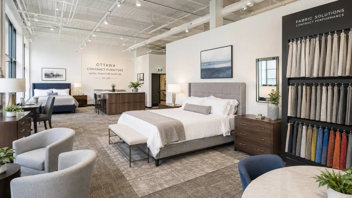 hotel furniture supplier showroom with contract-grade bedroom furniture on display, including case goods, upholstered he