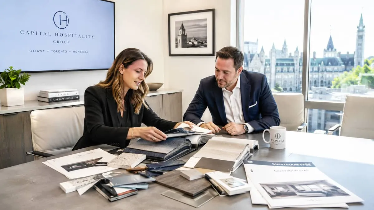 hotel procurement manager reviewing furniture samples and fabric swatches at a conference table with a supplier represen