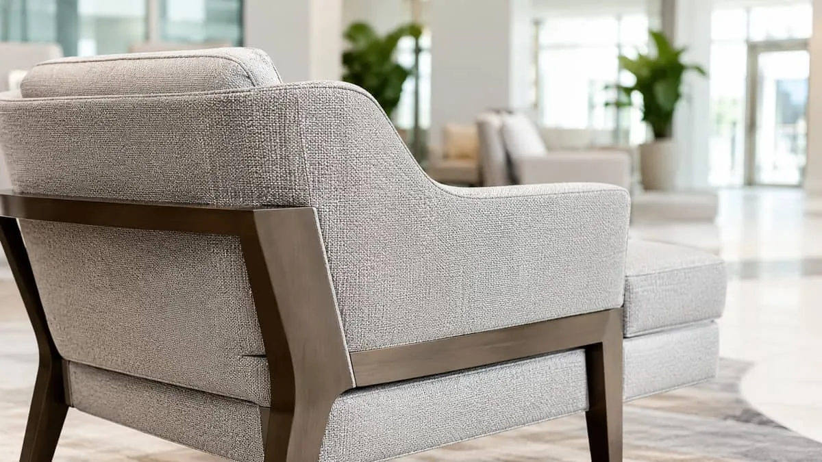 close-up of contract-grade lounge chair upholstery and frame detail, showing commercial fabric texture and solid wood or
