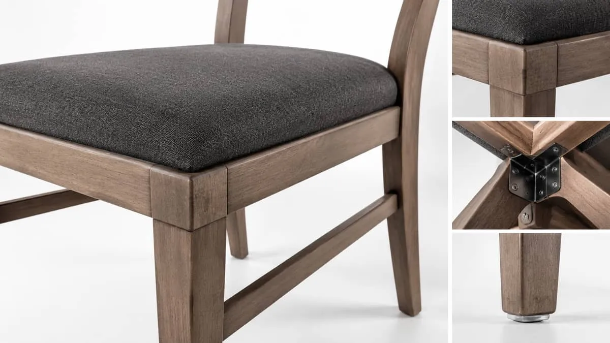 close-up detail shot of a contract-grade restaurant chair frame showing the corner block joinery and reinforced leg cons