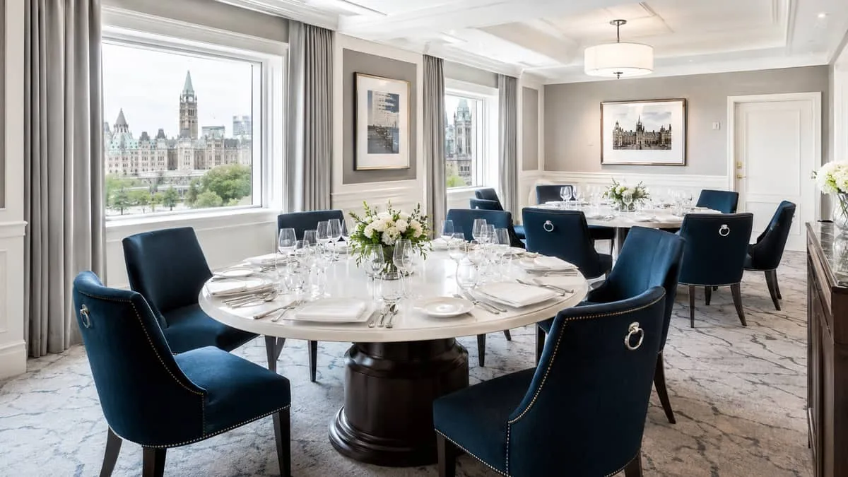 a formal private dining room setup in an Ottawa hotel or restaurant showing round tables with pedestal bases, upholstere