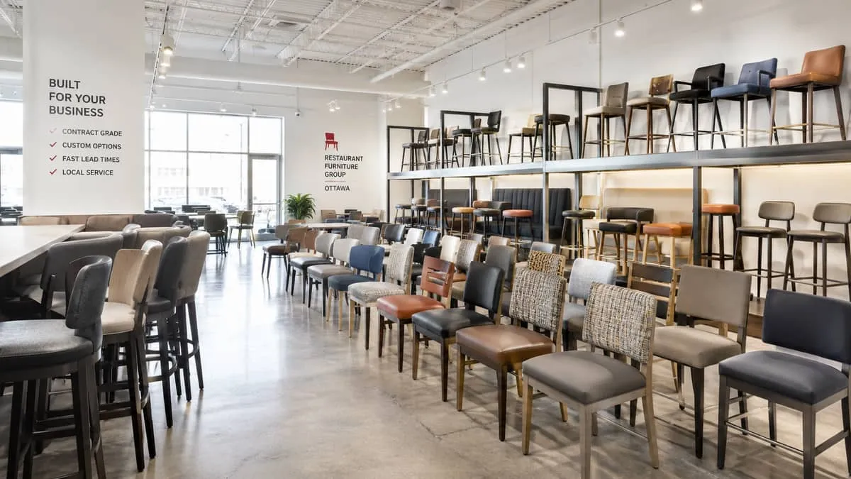 a restaurant furniture showroom or warehouse shot showing rows of commercial dining chairs and barstools in various upho
