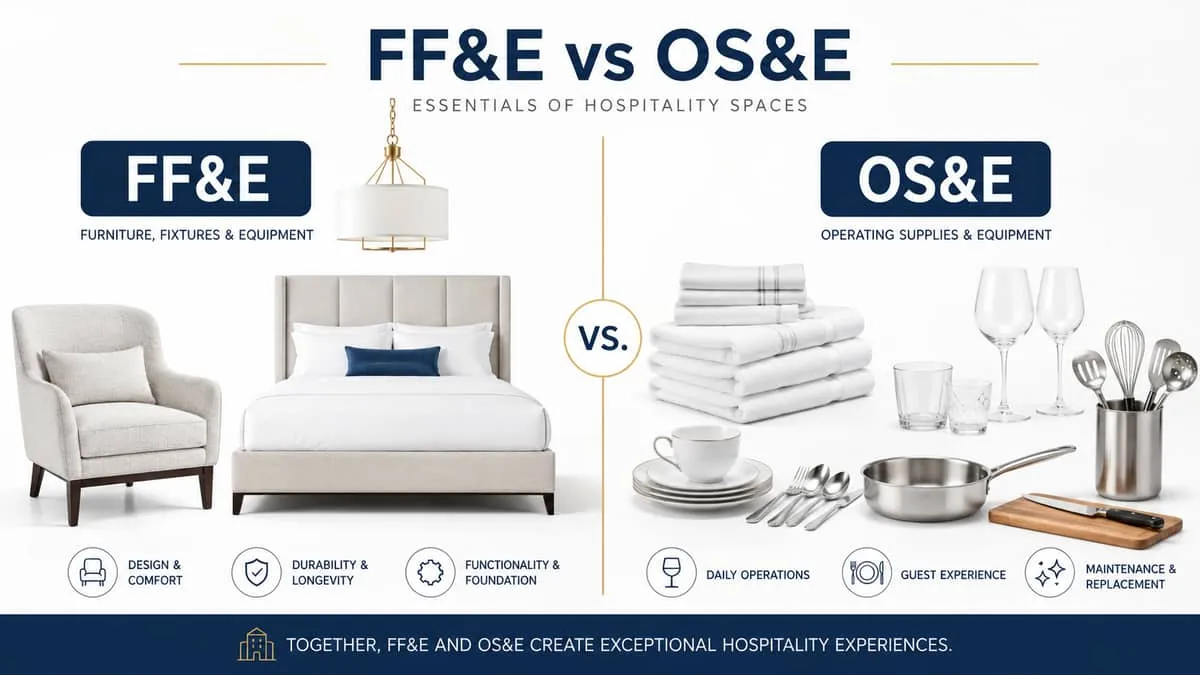 split comparison showing FF&E items on one side (upholstered armchair, bedframe, pendant light) and OS&E items on the ot
