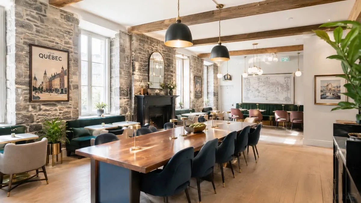 interior shot of a boutique Quebec City restaurant or hotel common area with warm stone walls, custom upholstered seatin