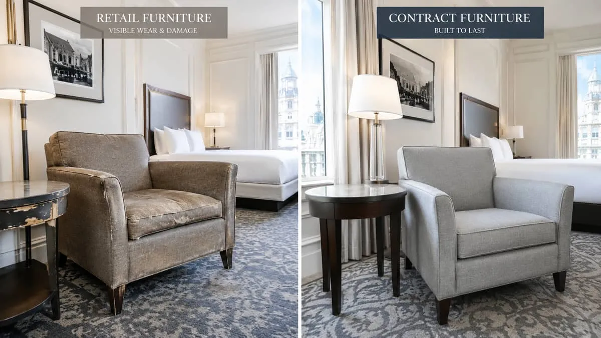 side-by-side comparison showing retail furniture showing wear and damage versus contract-grade hotel furniture in good c