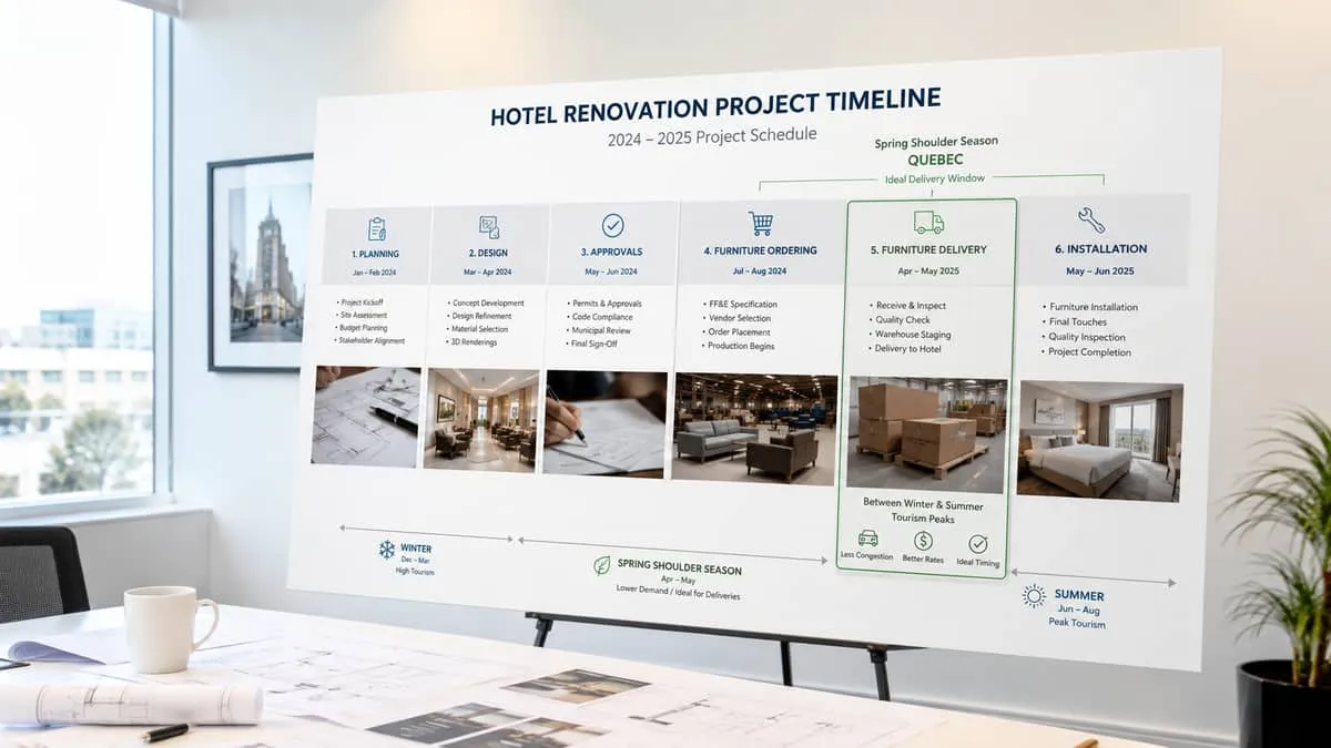 project timeline board or calendar showing hotel renovation planning stages, with furniture delivery window marked durin