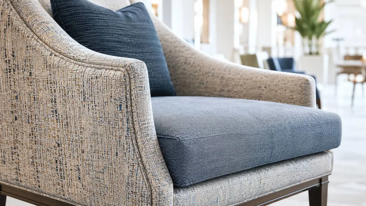 close-up of contract-grade upholstery fabric on a hotel chair showing texture and quality, with a subtle prairie color p