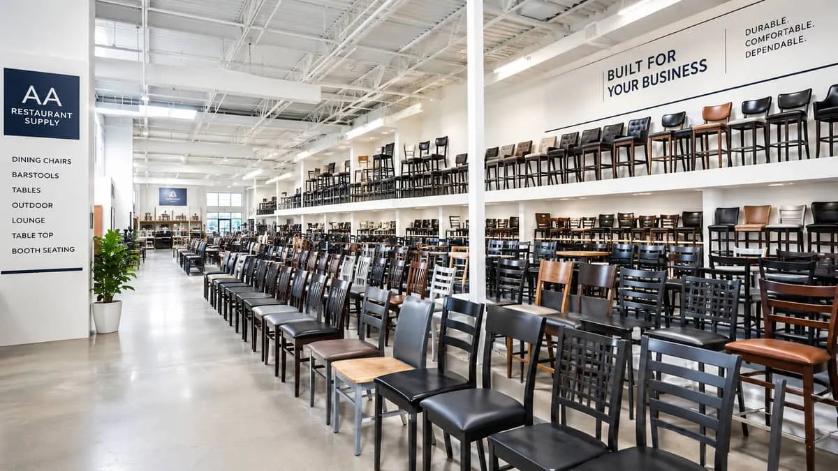 a restaurant supplier showroom or warehouse with rows of commercial dining chairs and barstools stacked and organized by