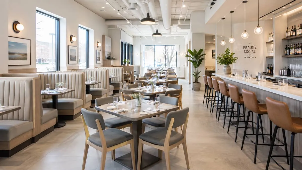 a Saskatoon restaurant interior showing a mixed seating layout with booths along one wall, freestanding tables with chai