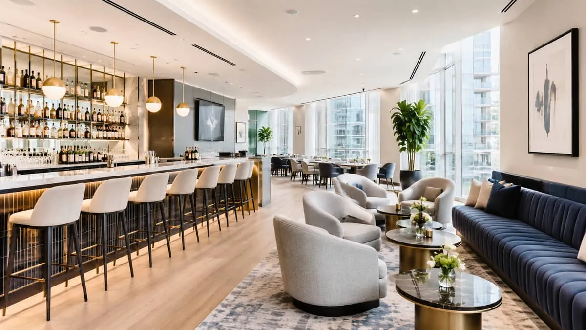 mixed seating arrangement in an upscale Toronto bar or lounge showing barstools at the counter and low lounge chairs in 