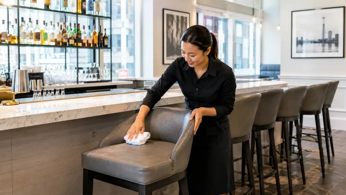 bartender or staff wiping down upholstered barstool in a commercial bar setting, demonstrating ease of maintenance, real