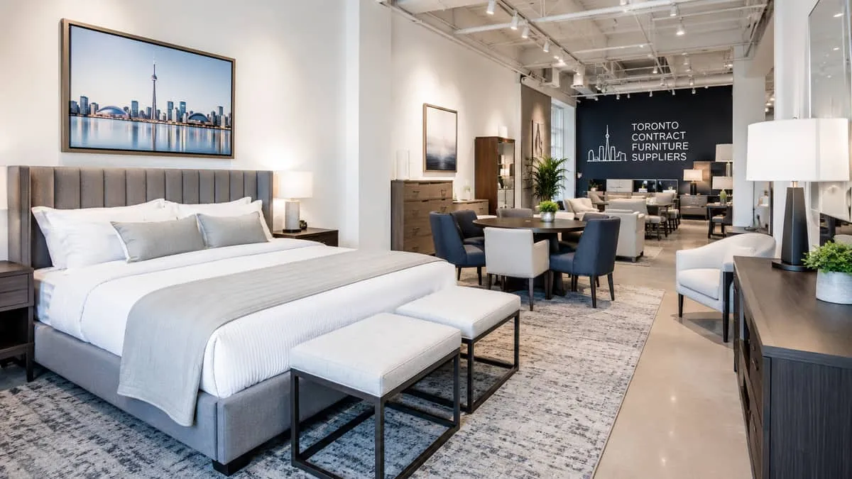 a furniture supplier showroom in Toronto with hospitality-focused display, showing contract-grade chairs, upholstered be